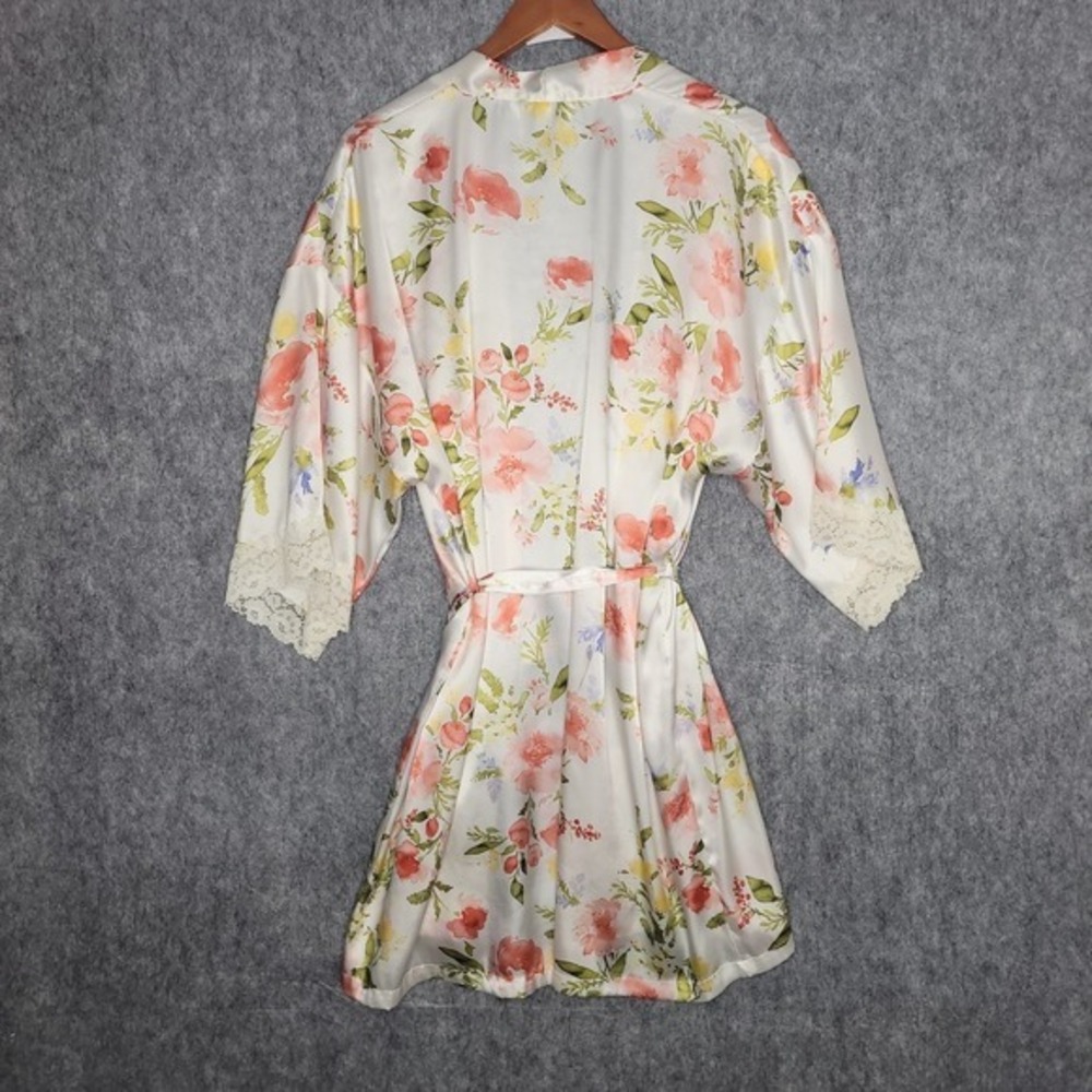 Apt. 9 Floral Robe Womens L Pink‎ Satin Kimono Lace Trim Lightweight Belt Read - Picture 2 of 10